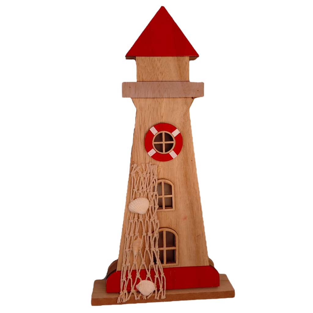 Faro rojo decorativo de madera, decoración marinera