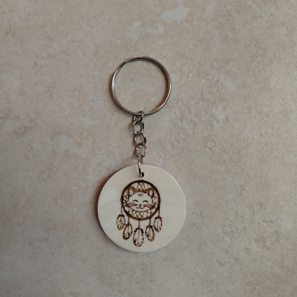 Llavero de madera grabado láser Atrapasueños gato