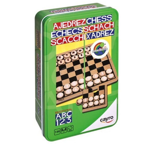Ajedrez y damas en caja de metal con tablero de madera cayro juegos de mesa niños ideas regalos