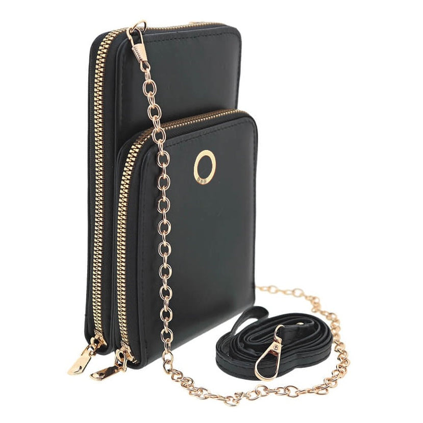 Bolso pequeño de polipiel porta movil negro con cadena elegante regalos ideas moda
