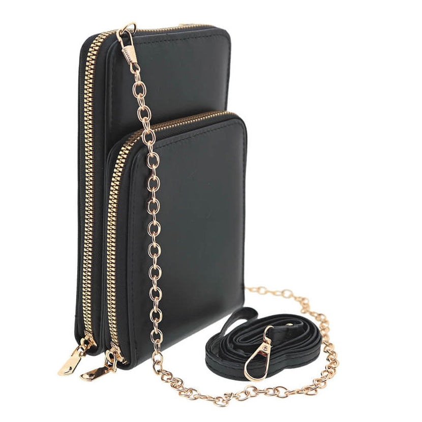 Bolso pequeño fabricado en polipiel, porta móvil, cierre con cremallera y dos compartimentos totalmente separados.

Asa larga bandolera y cadena dorada para tus eventos más especiales.

Un bolso pequeño que por su diseño puedes lucir en una celebración o en tu día a día.

Medidas: 18 x 11  x 4 cm