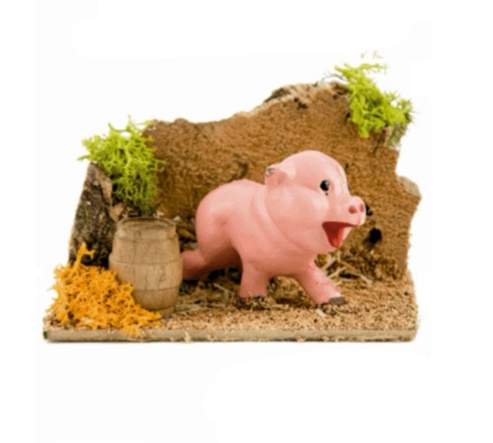Cerdo estilo moderno con plataforma de corcho (11x9 cm) ideal para tu belén navideño. navidad