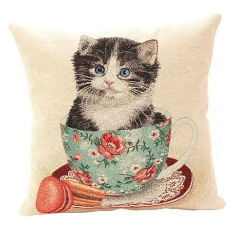 Cojin cuadrado con gato en taza decoracion hogar