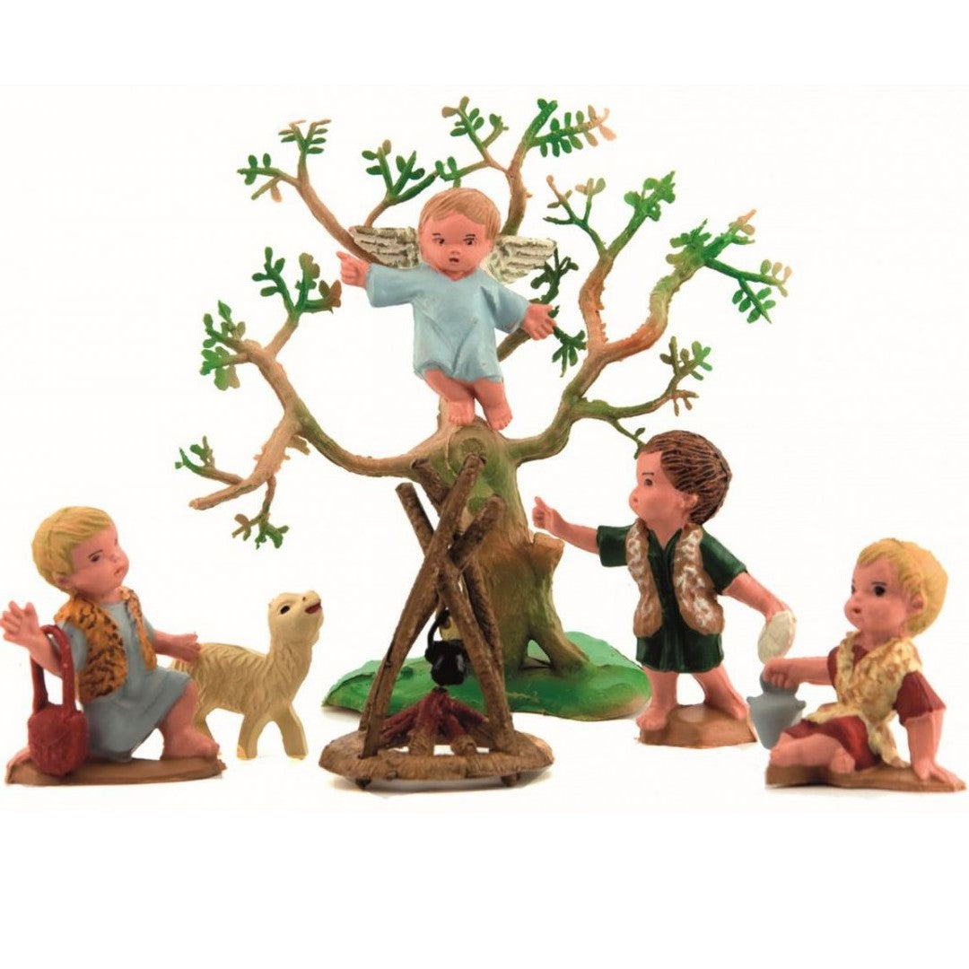 Navidad Belén, Anunciación estilo moderno, la mejor opción para montar el pesebre en casa en presencia de niños, pack 5 figuras más hoguera y árbol