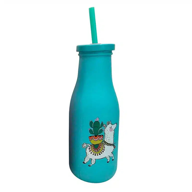 Botella de cristal azul con pajita llama