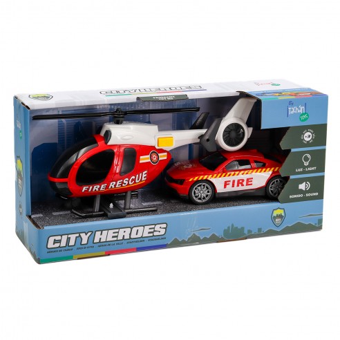 Heroes de la ciudad, Helicóptero + Coche de bomberos (Luz y sonido)