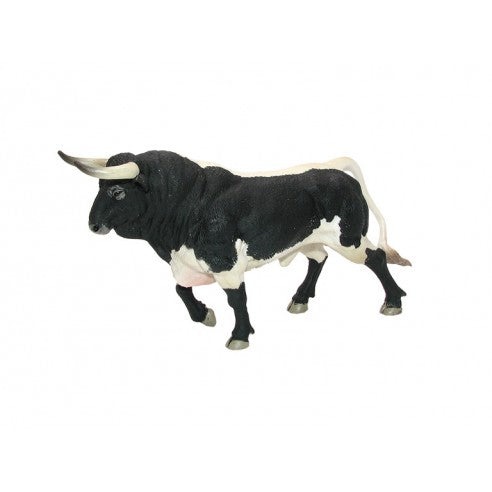 Figura de toro bravo aparejado trotando, figuras de animales a escala, figura toro bravo blanco y negro con cuernos