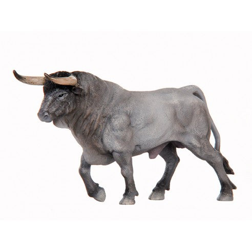 Figura de toro bravo cardeno trotando, figuras de animales a escala, toro bravo gris